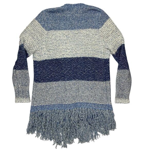 Lucky Brand Cardigan Women L Blue White Fringe Boho Tunic Fuzzy Cottage Sweater - Picture 6 of 16